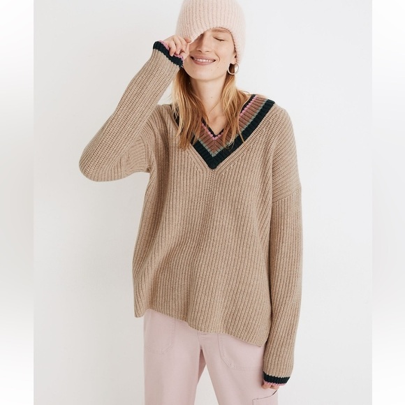 Madewell Tipped Forrest Wool Blend V-Neck Sweater XS - Picture 3 of 13